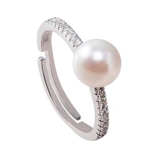 KEZ珠宝Akoya海水珍珠戒指女单珠开口戒S925银强光可调节指环礼物