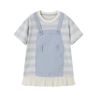 【现货】senbaby童装女童短袖裙夏季儿童连衣裙圆领条纹背带T恤裙