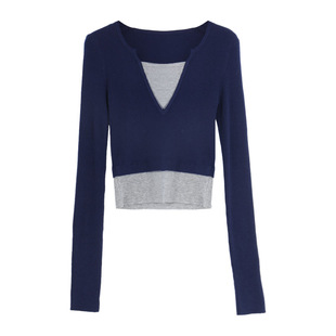 西町村屋假两件针织衫女百搭春装新款修身撞色短款上衣AA9112009