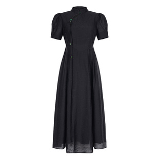 固执新中式连衣裙夏季新款泡泡袖莱赛尔短袖A字裙黑色显瘦