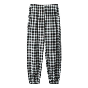 睡裤女春秋夏季长裤纯棉薄款日系格子宽松束脚裤可外穿休闲家居裤