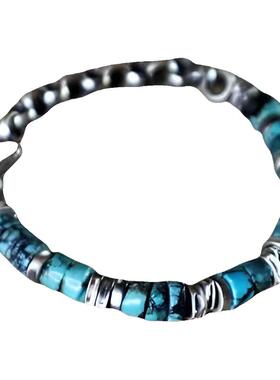 纯银原始天然绿松石宝石手链银链