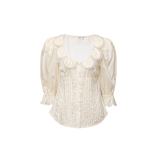 TOP家 南法旧梦 法式复古优雅 花瓣领压褶自然收腰 泡泡袖小衫