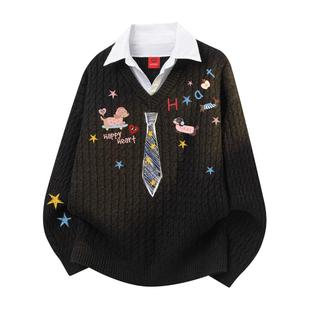 查尔斯桃心假两件腊肠狗领带印花毛衣男女潮牌新款百搭情侣针织衫