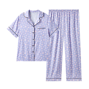 兰卓丽印花家居服女上下套装短袖长裤柔软冰丝睡衣可外穿春夏季款