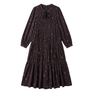 特价韩国东大门春季新款温柔碎花压褶裙子超仙雪纺长款长袖连衣裙