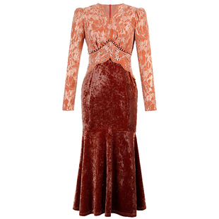 丝绒红色连衣裙女订婚礼服法式性感长袖修身显瘦内搭长款鱼尾裙子