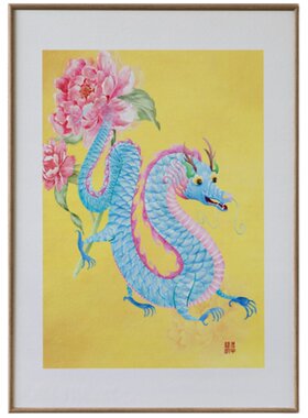 若奈手绘点彩皇家黄牡丹龙装饰画