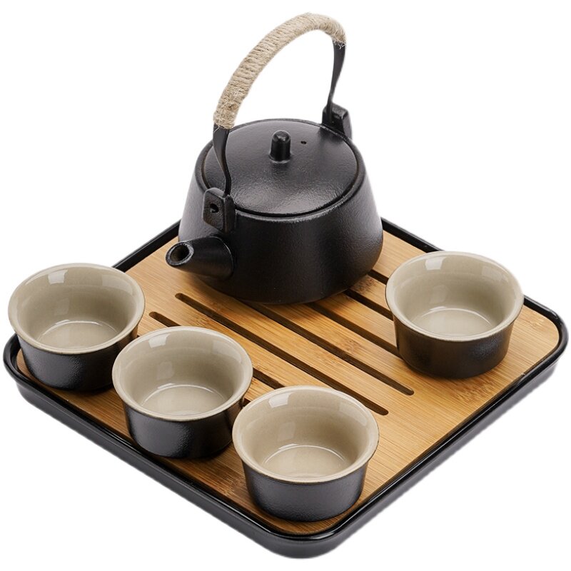 日式复古黑色陶瓷提梁壶功夫茶具小套装家用侧把壶储水式干泡茶盘