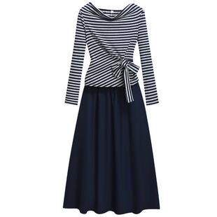 韩系学院风荡领条纹长袖T恤半身裙女2025立秋新款穿搭一整套装裙