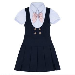 中牌清川女高收腰显瘦甜美jk制服绀色连衣裙夏季学院风衬衫套装