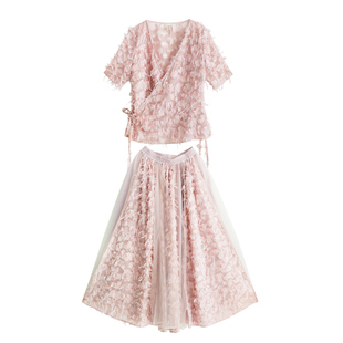 【6折】棉麻记2025春夏季新款套装系带衬衫+雪纺剪花半身裙子