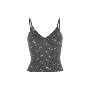 wana try碎花合身款复古吊带2025冬季新品灰色韩系时髦休闲上衣女