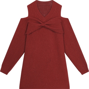 妖精的口袋大蝴蝶结露肩亮闪连衣裙女2025冬季新款千金风新年穿搭