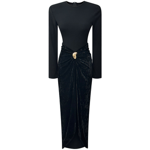 丝绒拼接假两件连衣裙春新款高级感轻奢圆领垫肩长袖遮肚显瘦长裙