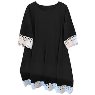 350斤特大码女装长款短袖T恤裙胖莹莹夏季时尚遮肉撞色短款连衣裙