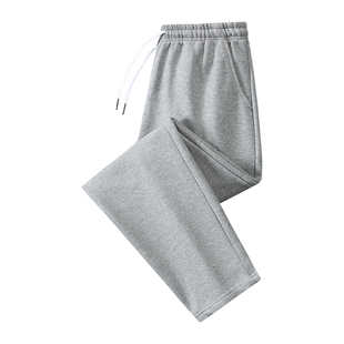 加绒重磅卫裤直筒休闲裤男运动裤浅灰色宽松中青年保暖加厚长裤冬