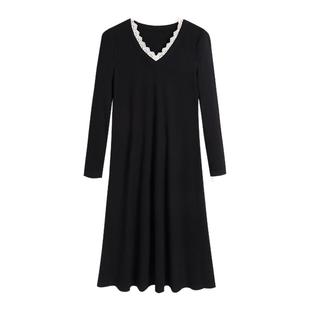 弥古黑色长袖针织连衣裙女高级感2025秋冬内搭法式蕾丝打底裙长裙