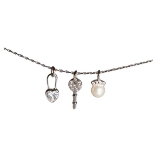 LLab 通体s925银镶钻爱心锁头钥匙天然珍珠多吊坠项链