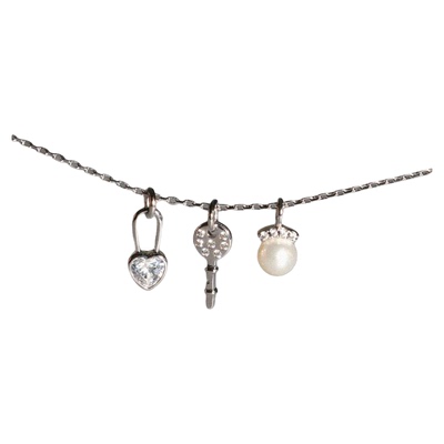 s925爱心锁头钥匙珍珠多吊坠项链