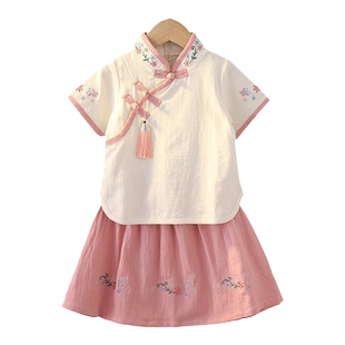 女童汉服唐装男童古风套装棉麻民国风夏季中秋儿童演出服民族服装
