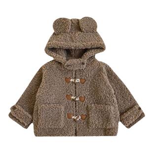 幼悠冬季卡通毛绒外套复古牛角扣可爱小熊立耳女宝宝加绒连帽外衣