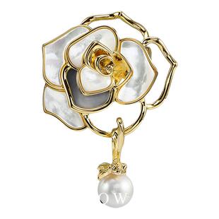 RAINBOW玫瑰山茶花珍珠母贝吊坠胸针 秋冬高档胸花西服别针配饰女