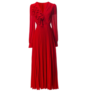 优雅气质2026春秋季新款高端宴会礼服长裙V领红色百褶大摆连衣裙