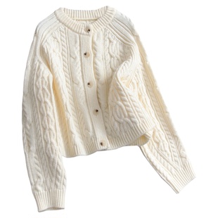 纯色标准版型立体绞花圆领毛衣25冬季新款长袖针织开衫女外套Q044