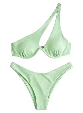 Solid one shoulder open back split swimsuit纯色单肩分体泳衣