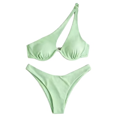 Solid one shoulder open back split swimsuit纯色单肩分体泳衣