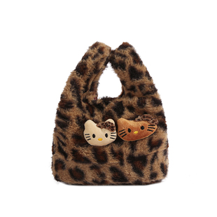 豹纹kt猫手提包包女慵懒风毛绒手拎包上班便携杂物收纳饭盒便当袋