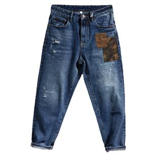 刷白猫须做旧牛仔裤男士质感重磅撞色拼布中腰直筒锥形牛仔长裤潮