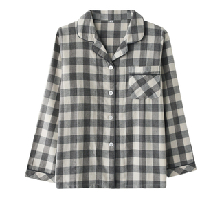 无印风格子睡衣上装男女春秋冬季纯棉磨毛绒布长袖情侣家居服上衣