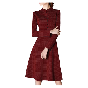 2025春装新款女装优雅长袖波点连衣裙婚宴红色妈妈礼服G09