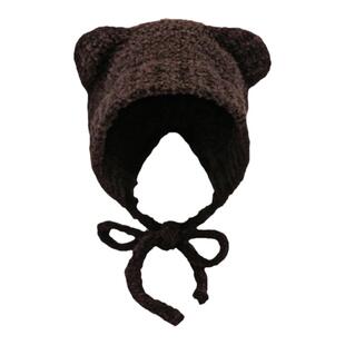 大头围小熊系带毛线帽子女冬季显脸小冷帽毛绒可爱护耳保暖针织帽