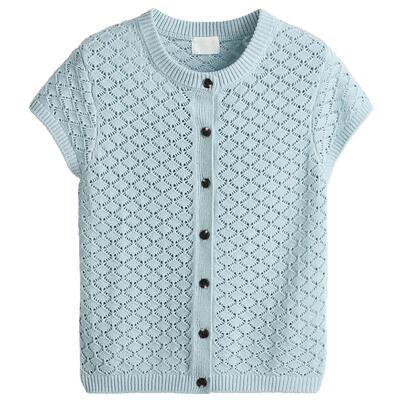 HM女装针织衫2026春季新款盖袖网眼针织开衫镂空短袖罩衫1332156