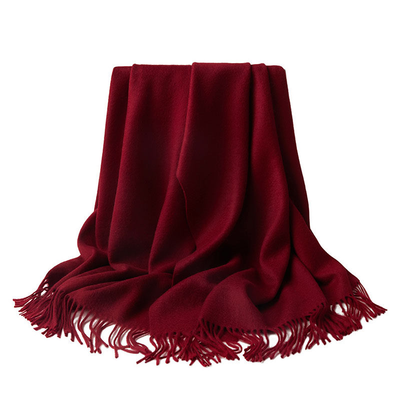 鄂尔精绒100%纯山羊绒围巾女冬保暖毛毯巾高级感披肩酒红色围脖厚