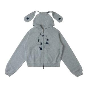 local aliens外星沙龙美式复古华夫格拉链卫衣兔耳朵刺绣短外套