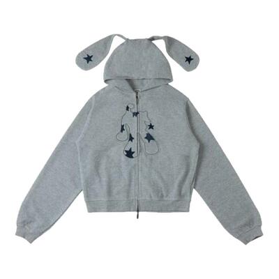 local aliens外星沙龙美式复古华夫格拉链卫衣兔耳朵刺绣短外套