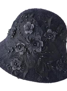 渔夫帽甜美冬重工钉珠蕾丝花朵