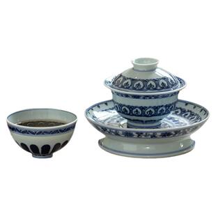 纯手工青花宝相功夫茶具观颐斋陶瓷盖碗壶承宝相纹鸡心杯景德镇