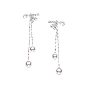 情人节新品蝴蝶结耳环18k金天女级天然akoya海水珍珠耳线钻石耳饰