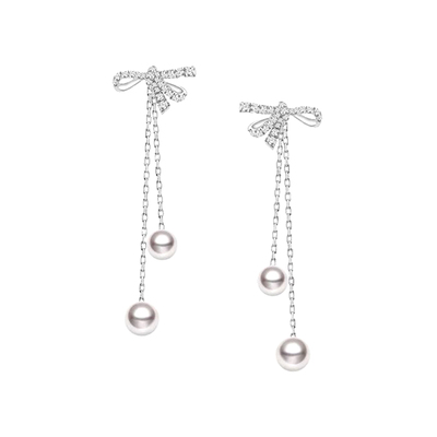 情人节新品蝴蝶结耳环18k金天女级天然akoya海水珍珠耳线钻石耳饰