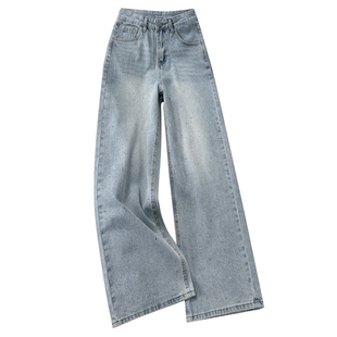 拉夏贝尔满天星烫钻阔腿牛仔裤女春秋2026新款高腰显瘦窄版直筒裤