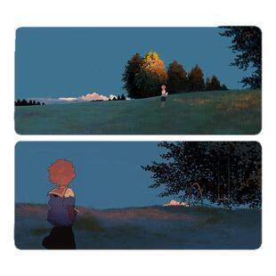 动漫油画风景鼠标垫超大号极简风办公电竞游戏键盘加厚锁边桌垫子