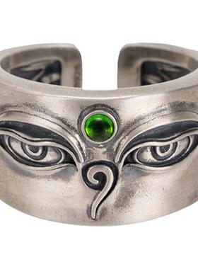 藏式纯银镶嵌绿度母戒指复古个性