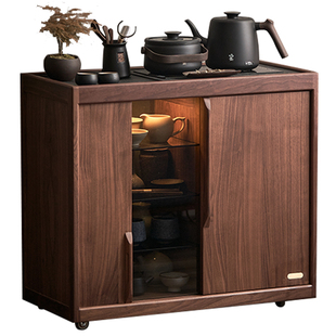 新中式茶水柜实木可移动沙发边柜客厅黑胡桃木展示柜茶桌煮茶茶台