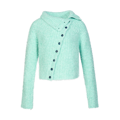 Howwell博主同款babyblue高领毛织钮扣斜开套头羊毛混纺湖蓝毛衣