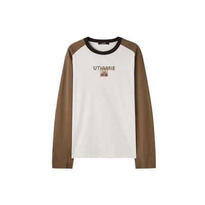 U/TI咖色撞色插肩袖T恤女 百搭纯棉长袖休闲上衣尤缇2025春季新款